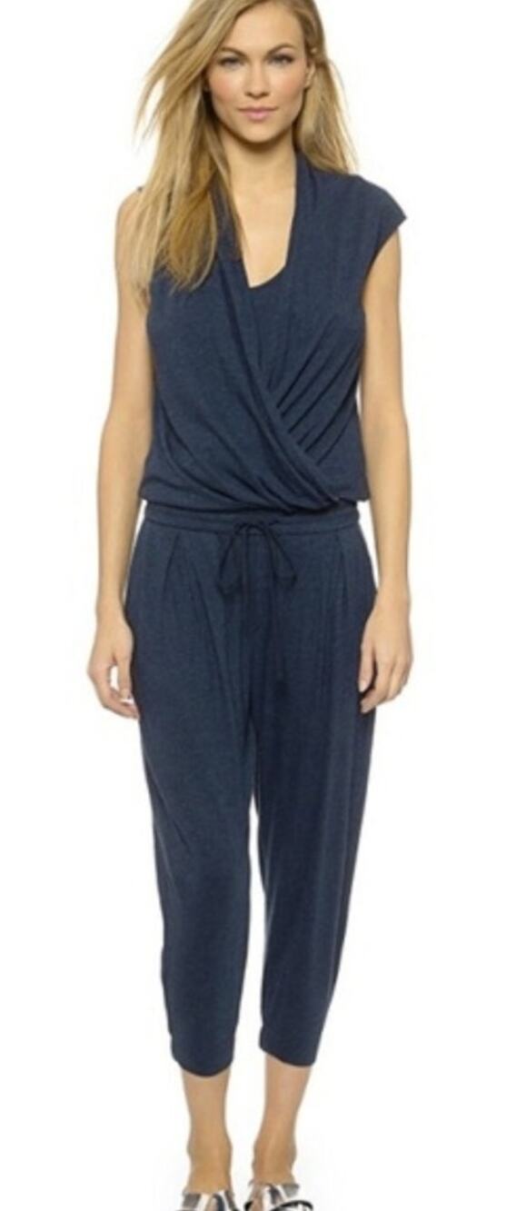 Helmut Lang Jersey Cross Front Cap Sleeve Navy Heather Jumpsuit Size Petite TP